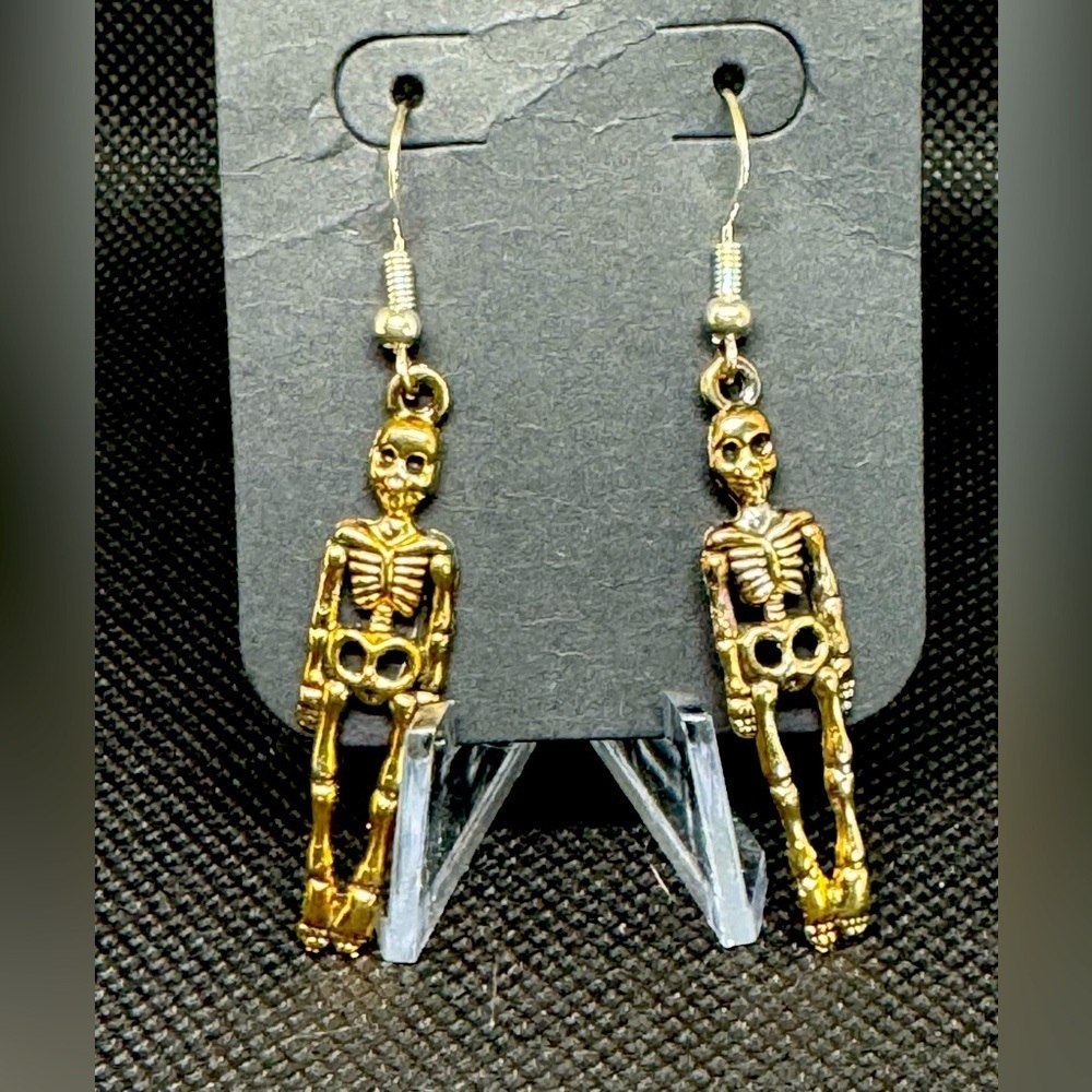SKELETON EARRINGS GOLD TONE STERLING SILVER HOOKS NWOT HANDCRAFTED
